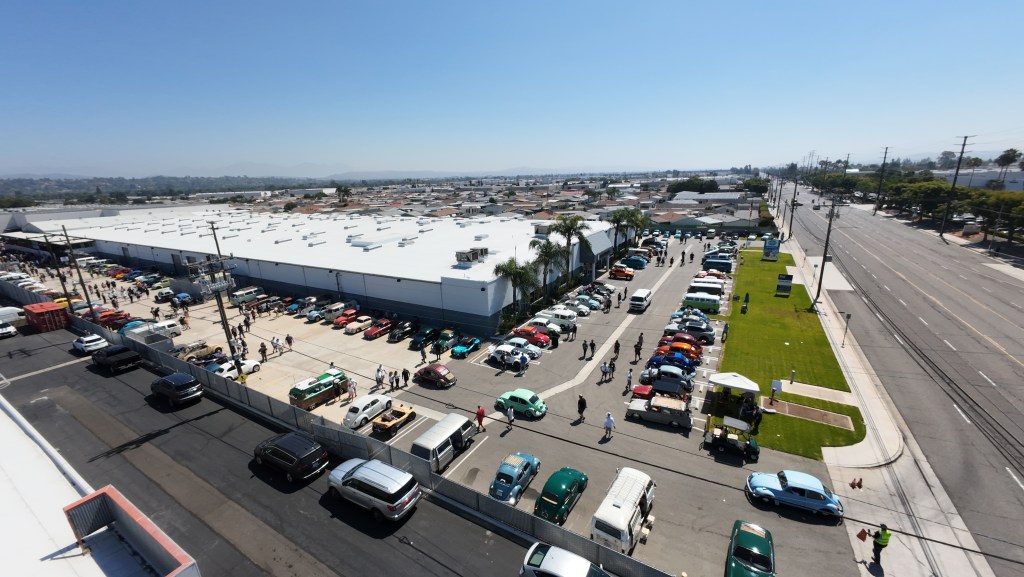 drone image of car show event